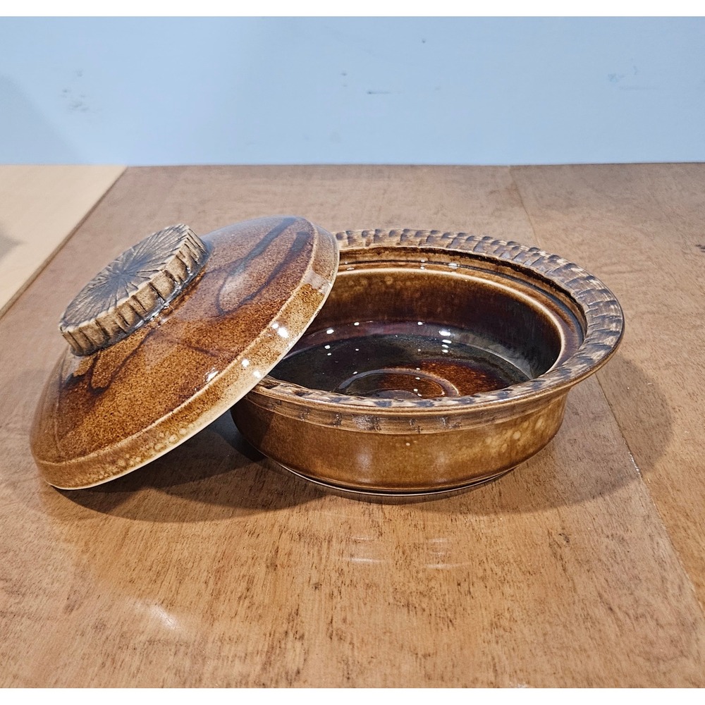 BP Malta Studio Pottery Lidded Casserole Dish Brown Glazed Sunburst Vintage